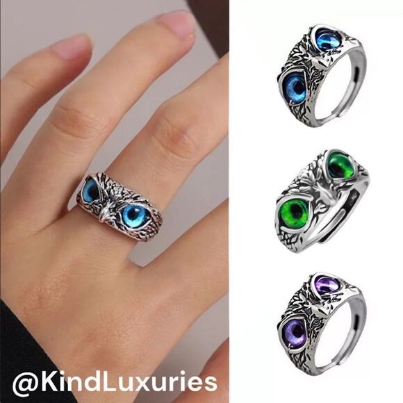 💎251💎 Vintage Style Bird of Prey, Owl Eyes Silver Stainless Steel Ring - Picture 1 of 16